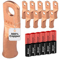SELTERM 10pcs - 6 Awg - #10 - Battery Lugs - Ring Terminal Connectors | with 12pcs 3:1 Black & Red Heat Shrink Tubing with Adhesive | Heavy Duty Battery Cable Ends - Bare Copper Wire Lugs Kit
