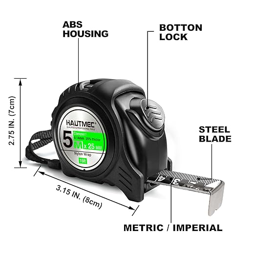 HAUTMEC Tape Measure 5m/16ft Auto-Lock with Dual Metric & Imperial Scale, Easy to Read Nylon Coated Measuring Tape for Construction, Carpentry, Contractors, Engineers, DIY, HT0100-4PC