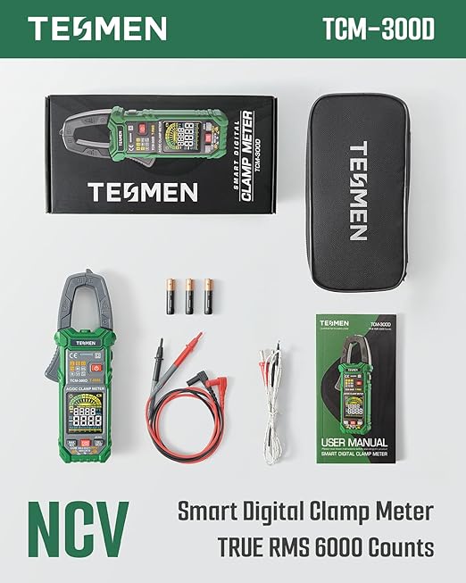TESMEN TCM-300D Digital Clamp Meter, 6000 Counts Multimeter, Voltage Tester with AC/DC Current &Voltage, Auto-Ranging Voltmeter with Inrush Capacitance Resistance Diode Continuity NCV/Live Wire