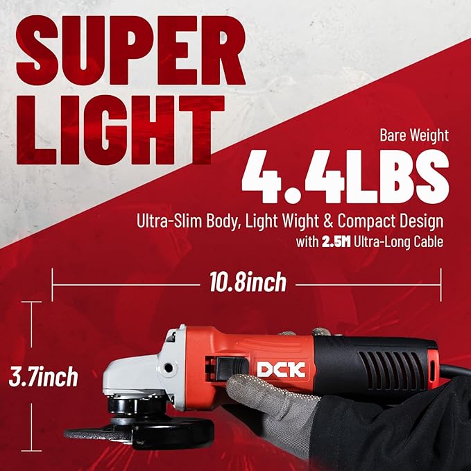 DCK Angle Grinder, 4-1/2-Inch, 6.7Amp Cut off Tool Grinder, 11,800 RPM with 2 Safety Guards, 6-Piece Discs (2 Cutting/2 Grinding/2 Flap Discs), Professional Angle Grinder for Metal, Wood (KSM09-115S）