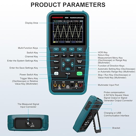 HANMATEK 3 in 1 Handheld Oscilloscope Multimeter,Waveform Generator HO51 with 3.5" TFT Oscilloscop, Auto-Calibration Function, Memory Function, Multi Tester