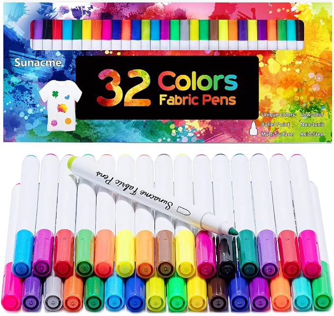 sunacme Fabric Markers Pen, 32 Colors Permanent Fabric Paint Pens by sunacme