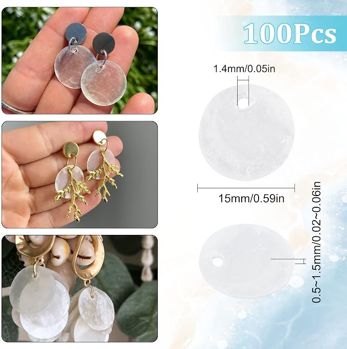 SUNNYCLUE 1 Box 100Pcs Shell Charms Seashell Charm Capiz Shells 15mm Flat Round - Image 2