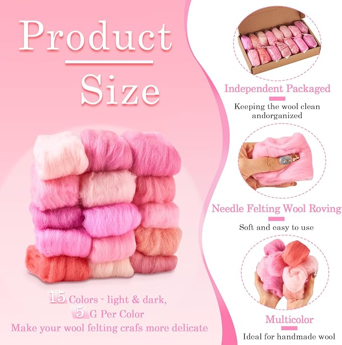 FASHEWELRY 2.65 oz Pink Wool Roving - Image 2