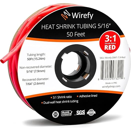 Wirefy 5/16" Heat Shrink Tubing - 3:1 Ratio - Adhesive Lined - a Resistant Heat Shrink - Red - 50 Feet Roll
