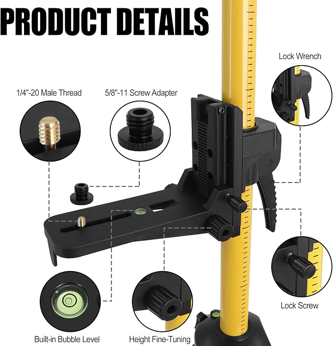 Telescoping Laser Level Pole with Tripod, 12Ft./3.7M Laser Level Tripod Include 1/4-Inch by 20-Inch Mount for Rotary and Line Laser Level, Laser Stand with 5/8”-11 Threaded Adapter
