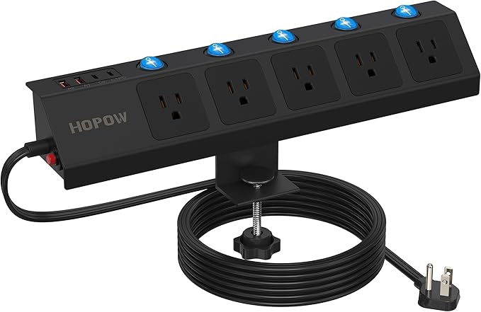 Desk Clamp Power Strip with Individual Switches, 10FT Desktop Mount Charging Station, 5-Outlet Surge Protector with 2 USB-C (20W PD), Fit 1.7" Tabletop Edge, Wall Mount for Home Office, Black