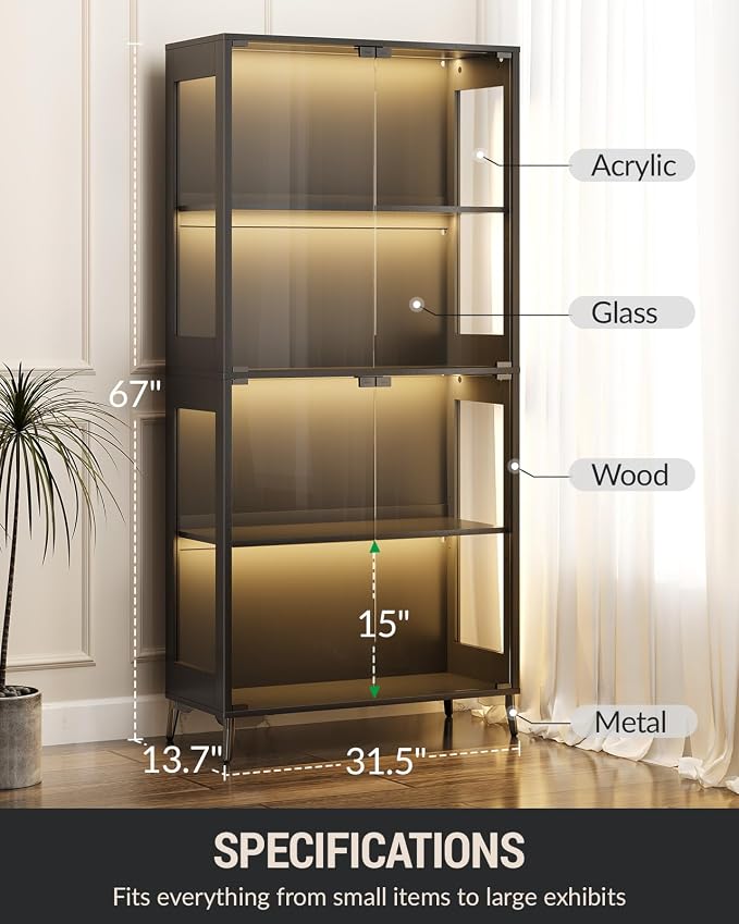 Glass Display Cabinet with Doors, 4-Tier Display Case with Adjustable Shelves - Image 2