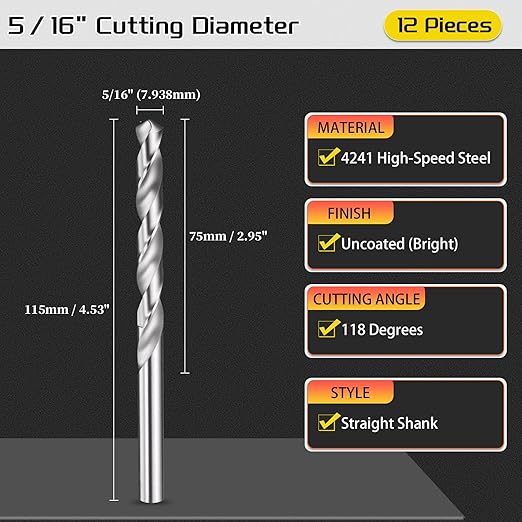 Drill Bit, 5/16" Cutting Diameter, 4241 HSS 118° Cutting Angle Uncoated Bright Versatile Jobber Bits - (Applications: for Drilling Plastic Wood Soft Metal), 12-Pieces