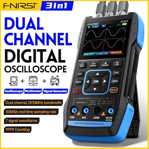 FNIRSI 2C23T Digital Oscilloscope Multimeter DDS Generator 3 in 1, 2 Channels, 10MHz Bandwidth, 50MSa/s Sampling Rate, 10000 Counts, Voltage, Current, Capacitor, Resistor, Diode Test