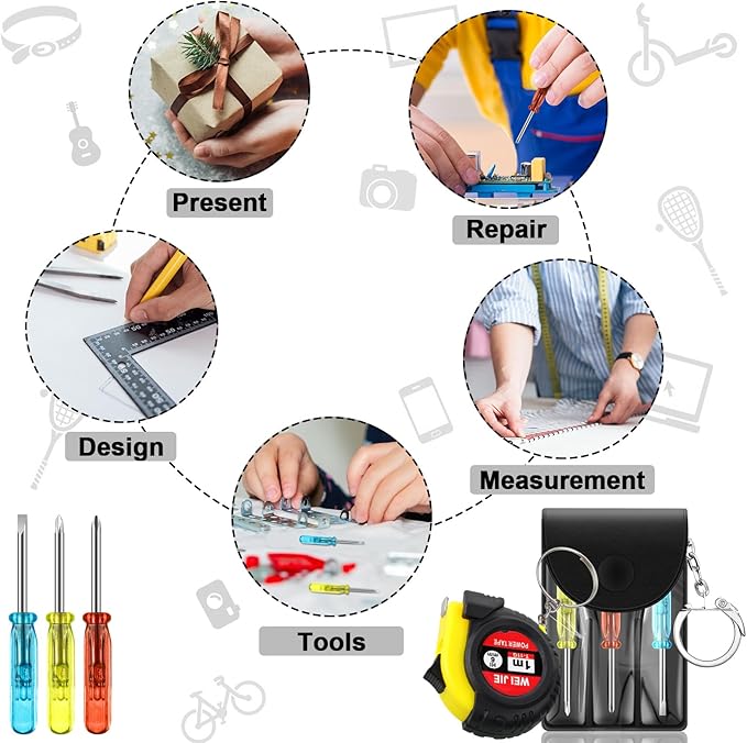 48 Pcs Mini Tape Screwdriver Keychain Set Christmas Men Gifts Bulk Adult Party Favors Multitool Pen Card Tool Measuring Keychains Stocking Christmas Stuffers for Men Dad (Yellow,Black)