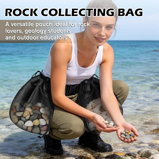 2 Pack Waist Mesh Foraging Bag, Folding Rock Collecting Bag, Foraging Pouch - Image 4