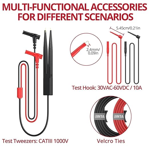 BINTA 11-Piece Multimeter Test Leads Kit for Home DIY & Car Maintenance, Electrical Multimeter Leads Kit with Alligator Clips, Test Hooks, Multimeter Probes, Test Tweezers CATII 1000V/ 19A