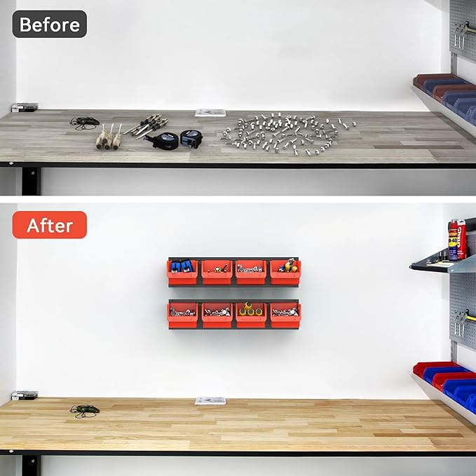TORACK Wall Mounted Storage Bins, 16 Plastic Bins for Tools Organization in Garage, Craft Room, Shop(4-Pack, Orange-red)