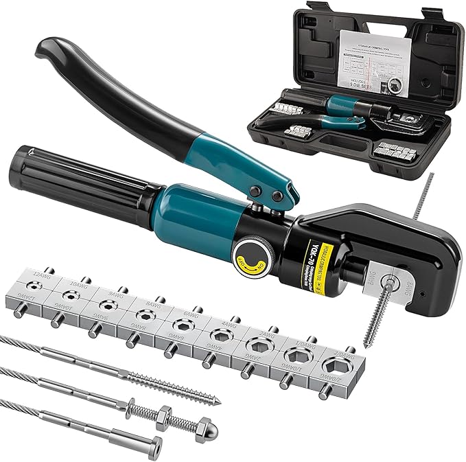 Hydraulic Crimping Tool for Railing - Wire Rope Battery Cable Lug Terminal Crimper with 9 Dies - 12 to 2/0 AWG for 1/8" 3/16" Stainless Steel Cable Railing