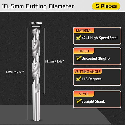 Drill Bit, 10.5mm Cutting Diameter, 4241 HSS 118° Cutting Angle Uncoated Bright Versatile Jobber Bits - (Applications: for Drilling Plastic Wood Soft Metal), 5-Pieces