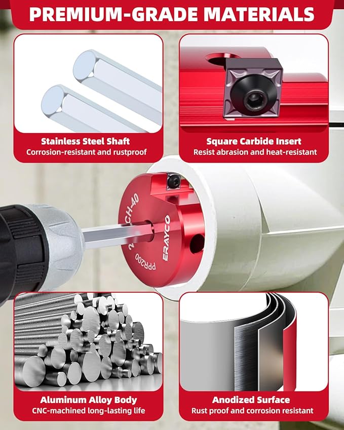 Erayco 1-1/4" PVC Pipe Reamer, Plastic Pipe Fitting Reamer Tool, Fit into Standard 1/2" Drills, PVC Fitting Saver for SCH40 PVC CPVC ABS Pipe (1-1/4 Inch)
