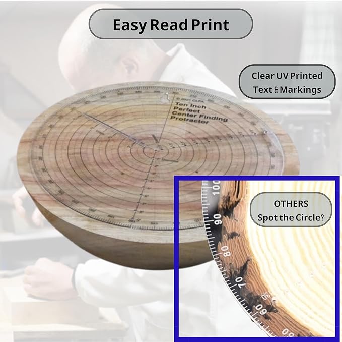 clearly printed 14" circle center finder tool, protractor, and circle maker tool and compass for woodworking and wood turning. Find the center of timber or dowel with our center finder ruler.