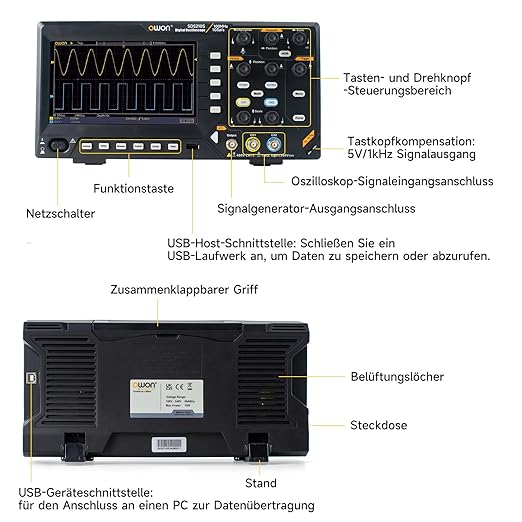 OWON Digital Oscilloscope with Dual-Channel Channels and Screen 7 inch, TFT-LCD Display, Portable Oscilloscope with 1GS/s Sampling Rate, Bandwidth 100MHz,8K Waveform Length,SDS210S