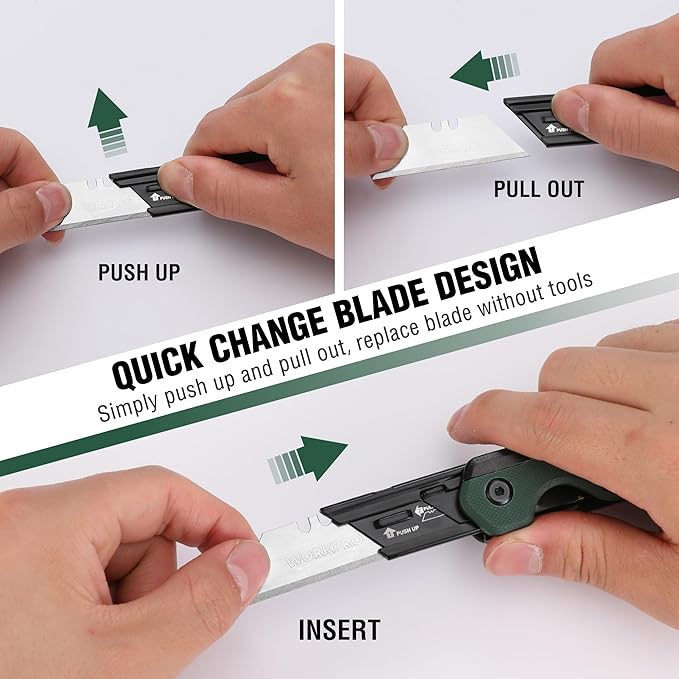 WORKPRO 2-in-1 Folding Knife/Utility Knife, Quick-Change Box Cutter with Belt Clip, Liner Lock, and G10 Handle, Extra 10 SK5 Blades Included, Green