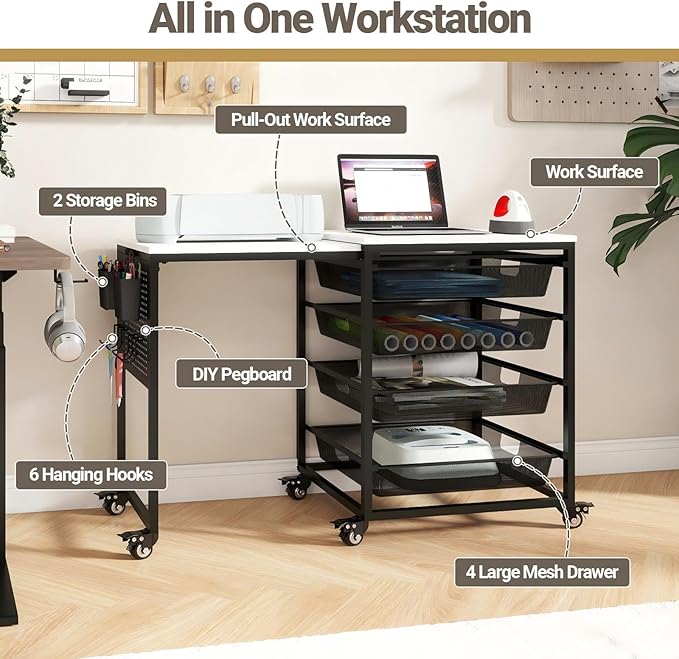 Craft Table with Wheels & Drawer, Extendable Cart with Pegboard, Arts and - Image 4