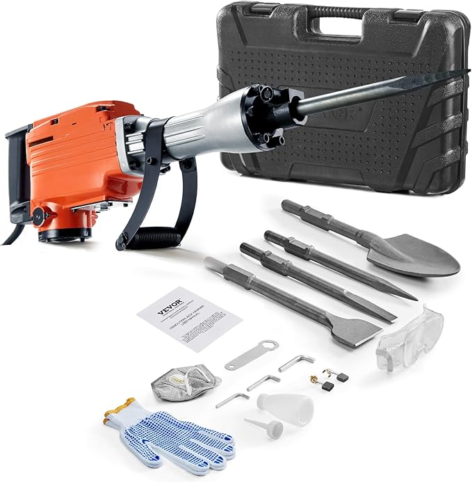 VEVOR Demolition Jack Hammer, MAX 2200W Electric Jackhammer Heavy Duty, 1350 BPM Concrete Breaker 4pcs Chisels Bit Chipping W/Case, Gloves
