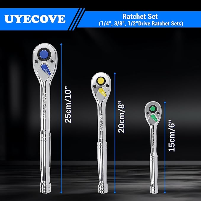3-Piece Ratchet Set - 1/4, 3/8, 1/2 Inch Drive Socket Wrench Set - 72-Tooth Reversible Colorful Ratchet With IXPE Storage Tray