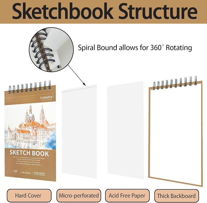 Crehatos 5.5" x 8.5" Small Sketch Book, Top Spiral Bound Sketch Pad, 100 Sheets - Image 3