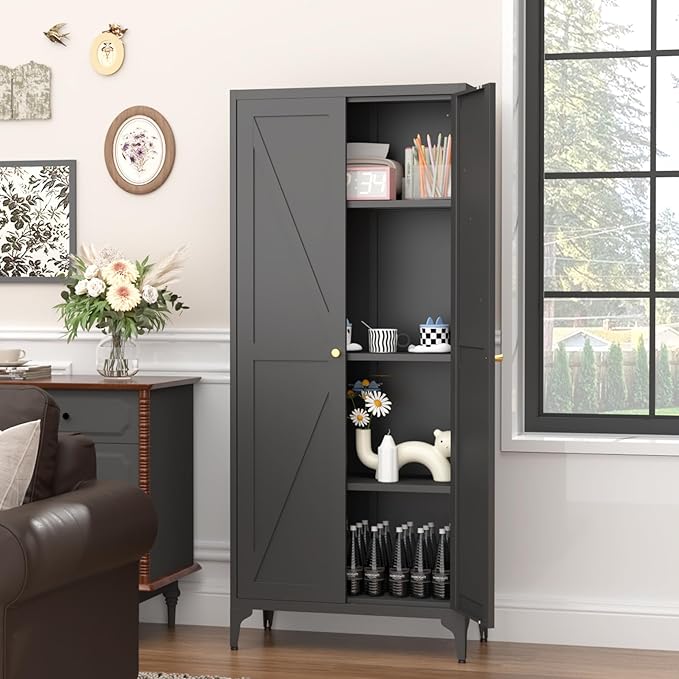 GREATMEET 65" Tall Kitchen Pantry Storage Cabinet, Black Pantry Storage Cabinet, Farmhouse Metal Kitchen Cupboard with Doors for Garage, Dining Room, Living Room and Laundry