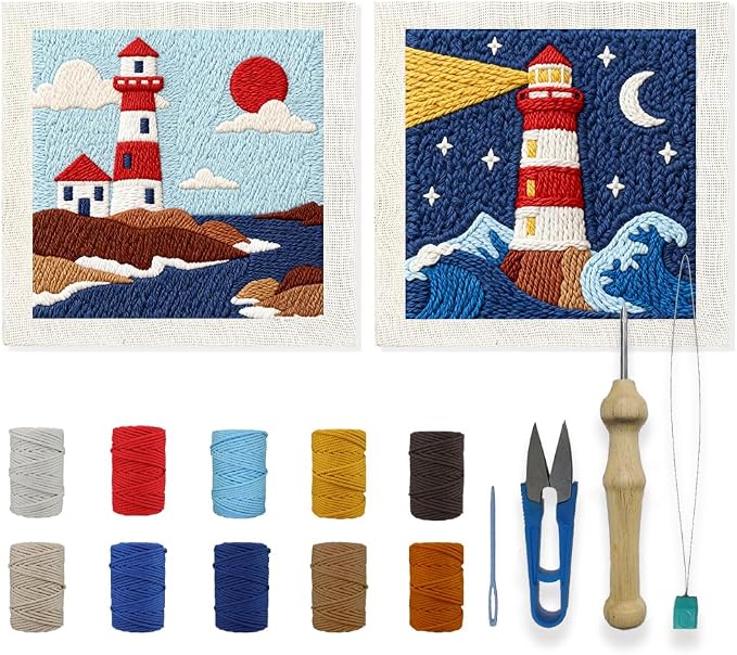INFUNLY 2PCS Sea Lighthouse Punch Needle Embroidery Kit by INFUNLY