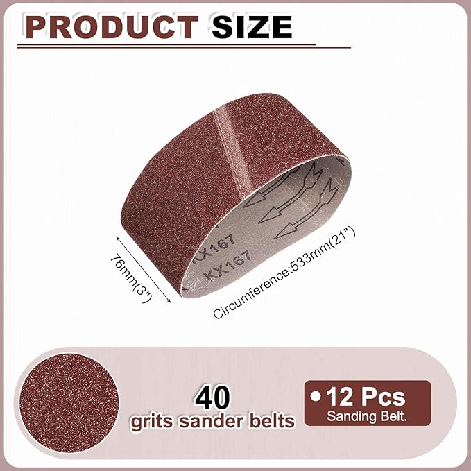 HARFINGTON 3 x 21 Inch Sanding Belts, 12 Pcs 40 Grits Aluminum Oxide Abrasive Belt Sander File Belt for Woodworking, Metal Polishing, Knife Sharpener