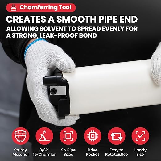 AFA Tooling - Metal Body Deburring Tool, PVC Chamfer Tool for Plastic Pipe with 1/2" Square Drive Pocket, Creates Smooth 15° Chamfered Edges, Reamer for 6 Pipe Sizes from 1-1/4" to 4", Chamfering Tool