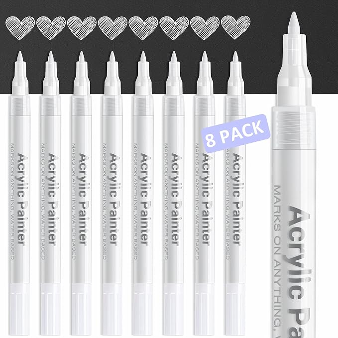 AKARUED White Marker Paint Pen: 8 Pack Acrylic Fine Tip White Paint Marker | by AKARUED