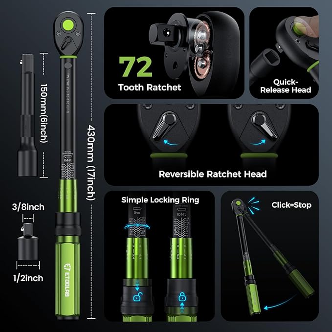 1/2" Drive Click Torque Wrench with Deep Impact Socket (6~24mm),Dual-Range【10-170ft.lb/13.6-230.5Nm】±3% Precision,10" Extension Bar,Universal Joint,Drill Adapter
