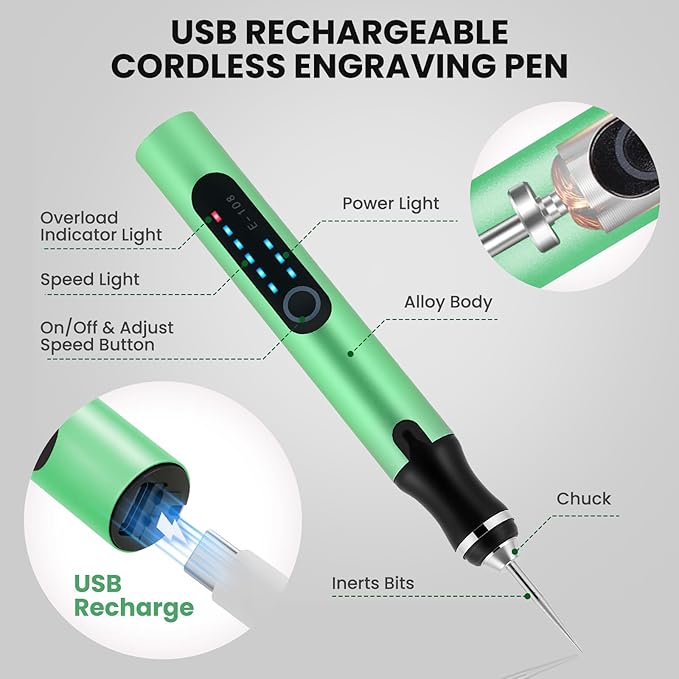 Electric Engraving Pen with 37 Bits, USB Rechargeable Cordless Etching Engraving Tool, Portable DIY Rotary Engraver for Jewelry Wood Glass Stone Carving (Green)