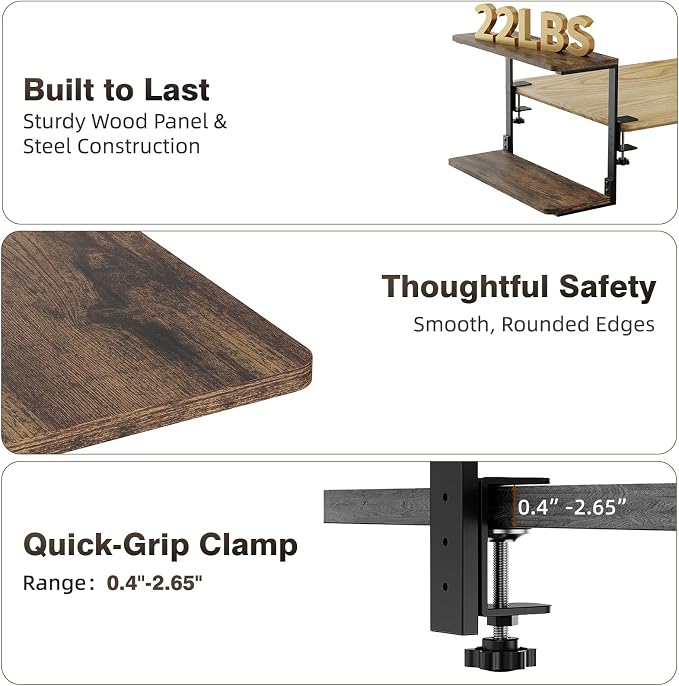2-Tier Desk Extender, 22-inch Clamp-On Desk Shelf, Height-Adjustable Desktop - Image 5
