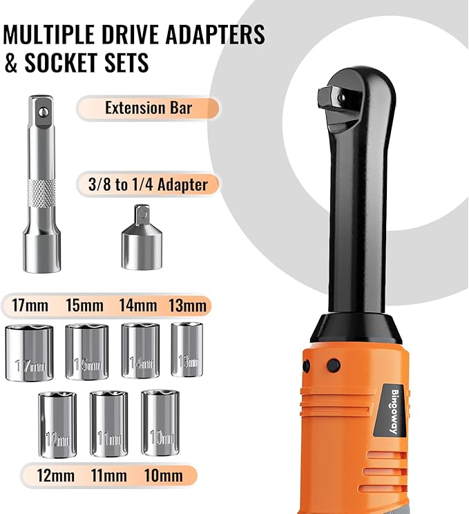 3/8" Extended Electric Ratchet Wrench Set, 45ft-lbs 600 RPM Cordless Long Neck Power Ratchet Wrench Kit with 2pcs Batteries, LED Light, 9 Sockets, Toolbox, Variable Speed, For Housework, Car Repair