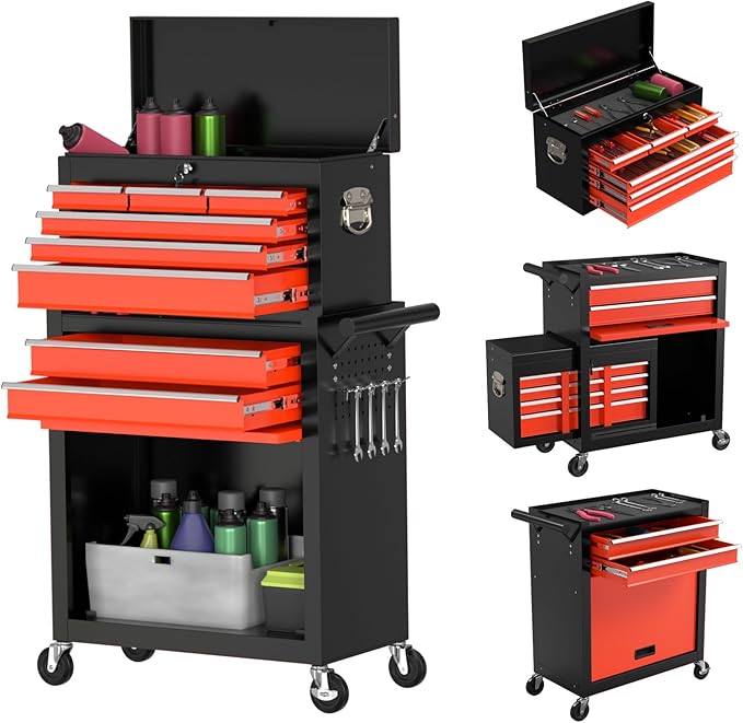 8-Drawer High Capacity Rolling Tool Chest with Wheels, Big Tool Storage Removable Tool Box Combo, Tool Storage Cabinet with Lockable Drawers, Toolbox for Workshop (Black&Red)