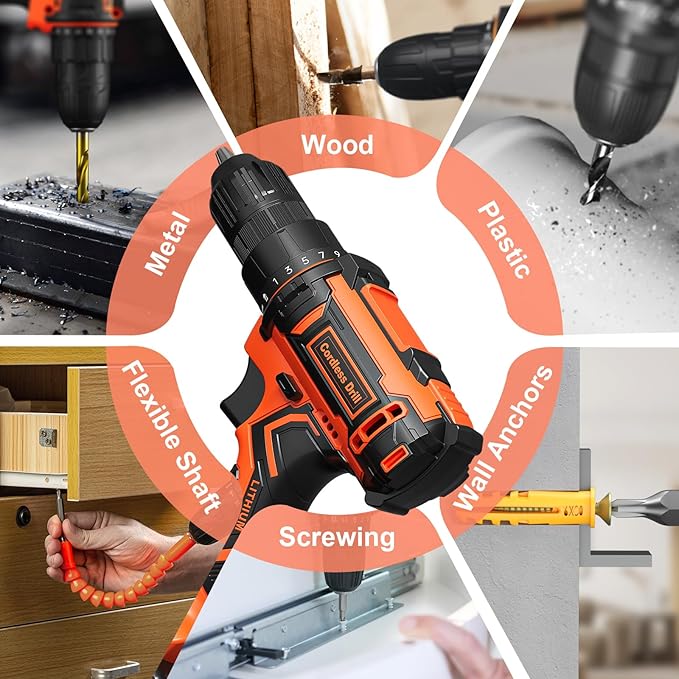 Cordless Drill Set, 20V Power Drill with Power Pack 2.0Ah and Charger, 3/8-Inch Keyless Chuck Electric drill, 25+1 Position, 42pcs Drilldriver Bits/Screws for DIY Projects (Orange)
