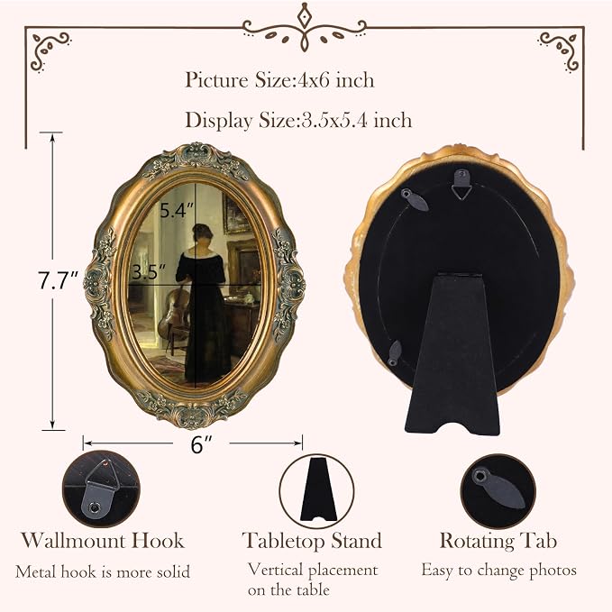 SIKOO Vintage Picture Frames 4x6 Antique Oval Picture Frame Tabletop and Wall - Image 5
