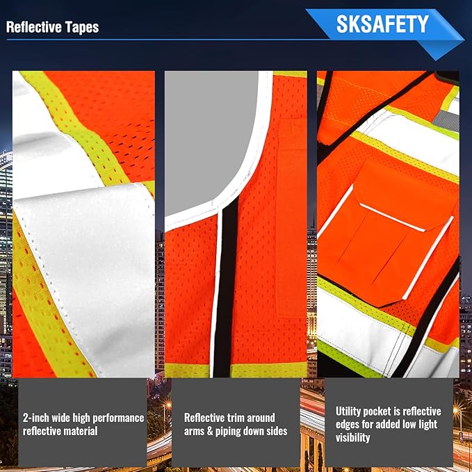 SKSAFETY Professional Class 2 High Visibility Safety Vest With Zipper - 10 Pockets, Reflective Strips, ANSI/ISEA Standard, Construction Work (Orange Black, 5XL)