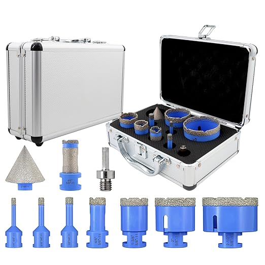 Diamond Tile Hole Saw Kit - 10Pcs 1/4'', 5/16'', 3/8'', 1'', 1-3/8'', 2'', 2-1/2'' Drill Bits, 4/5'' Drilling Milling Bit, 2'' Beveling Chamfer Bit, Adapter for Porcelain Tile Ceramic Granite Marble