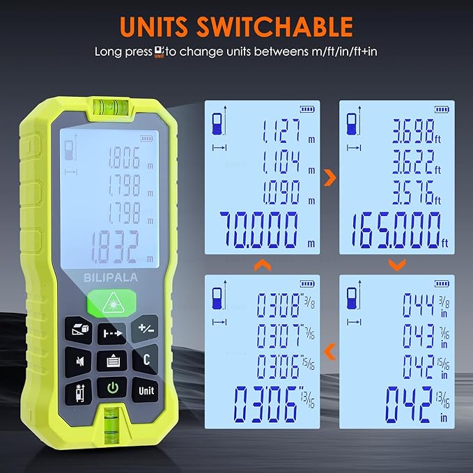 Laser Measure, 100M/328ft Digital Laser Distance Meter, ±2mm Accuracy Laser Measuring Tool, Tape Measure with Backlit LCD, Measuring Distance,Area,Volume,Pythagorean IP54 Shockproof(Green)