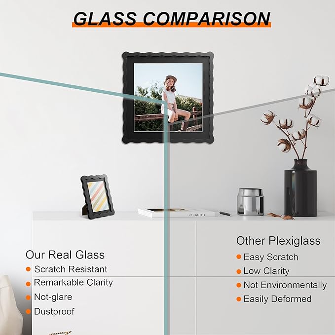 10x10 Picture Frame with Mat for 8x8, Wavy Edge Wooden Real Glass Photo Frame - Image 2