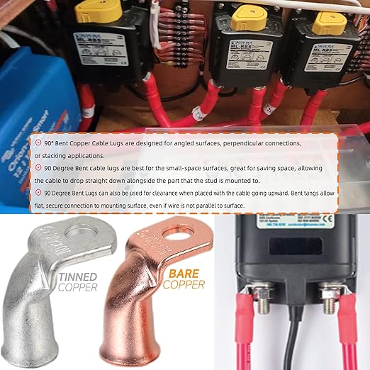Tinned Copper Cable Lugs 8pcs 3/0 AWG-3/8 90 Degree Bent Battery Lugs,Heavy Duty Wire Lugs,Ring Terminal,000 Guage terminals,Battery Cable Ends/Terminal Connectors with 8pcs 3:1 Heat Shrink Tubing