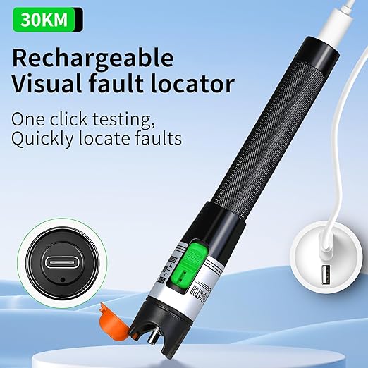 2PCS Rechargeable Visual Fault Locator 30KM Visual Fault Locator VFL Fiber Optic Tester Used for 2.5mm SC/FC/ST 1.25mm LC Interface with 2 Single Mode 9/125um FC-LC adapters Fiber Network Testing Pen