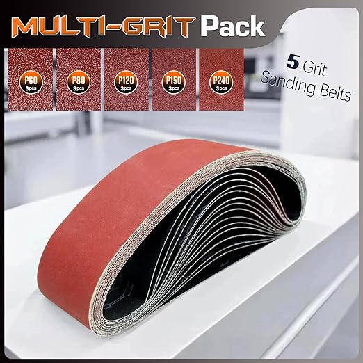 KonaFlex Sanding Belts 15 Pack 4x36 Inch Belt Sander Paper Aluminum Oxide with 60/80/120/150/240 Grits for Woodworking, Paint Sanding, Metalworking, Rust Removal