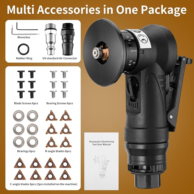 2 in 1 Pneumatic Chamfering Tool- Mini Air Chamfer Tool with Multi-Angle Chamfering Kit,45 Arc Corner Deburring Beveling Chamfer Machine for Metal, Acrylic,Woodworking (Black)