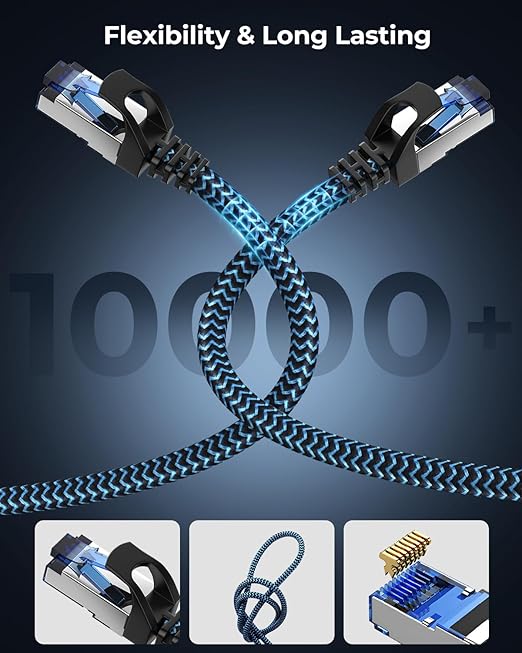 Cat8 Ethernet Cable 15 ft 1 Pack, High Speed 40Gbps 2000MHz, Braided, Blue, Compatible with Router, Modem, Laptop, PC, Gaming