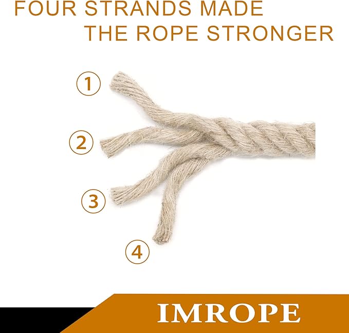 Jute Rope 1 Inch x 20 Ft, IMROPE Natural Jute Rope Twisted 4 Strands for DIY Arts Crafts, Garden, Home Decorating, Hammock